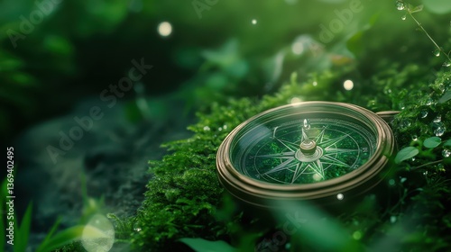 Realistic Sapphire Compass on Lush Green Terrain Surrounded by Nature and Glimmering Drops of Water in a Seamless Pattern for Scenic Designs