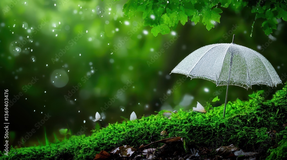 Fototapeta premium Realistic and Seamless Pattern Featuring White Umbrella Surrounded by Lush Greenery and Delicate Raindrops in a Tranquil Nature Setting