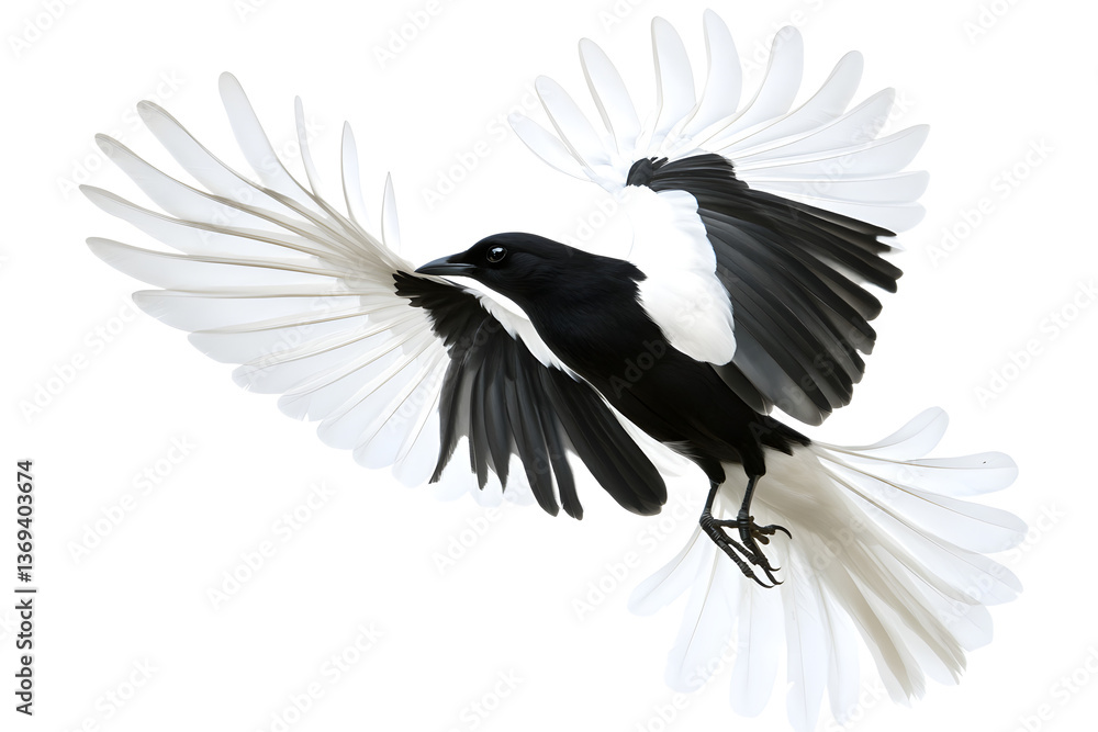 Naklejka premium Magpie Bird Soaring Gracefully in Flight