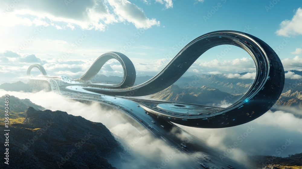 Obraz premium a futuristic infinity road shaped like a giant number nine, hovering above a breathtaking landscape with mountains and valleys partially hidden by misty clouds the road’s sleek black asphalt