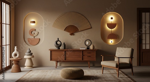 Minimalist console table with artistic decor and a statement fan wall piece in warm natural tones.
