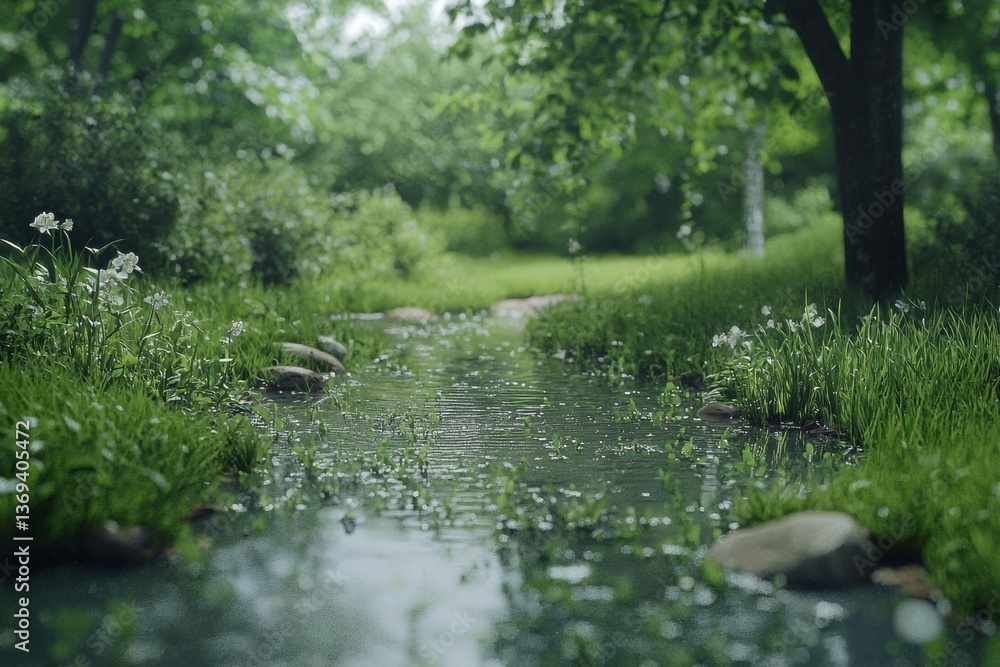 Fototapeta premium Exploring the Intricacies of a Wet Puddle in Grass and its Connection to Nature's Energy
