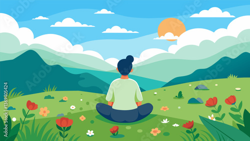 A person sitting on a lush grassy hilltop surrounded by blooming wildflowers while practicing a solo meditation and taking in the sights and sounds of. Vector illustration