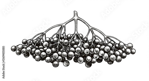 Hand Drawn Elderberries Branch Black and White Botanical Illustration Vintage Style Nature Food