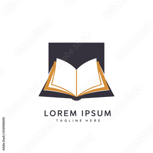 Book logo design with open book in front of a dark square background