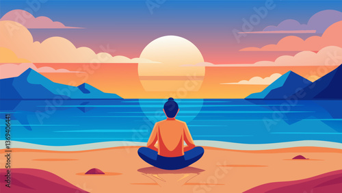 On a quiet beach a person sits in meditation their body facing the ocean as the sun rises over the water in a dazzling display of color.. Vector illustration