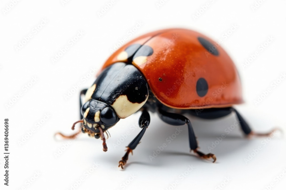 Close-up of a single ladybug on white background, photography, high resolution Close-up of a single ladybug on white background, photography, high resolution