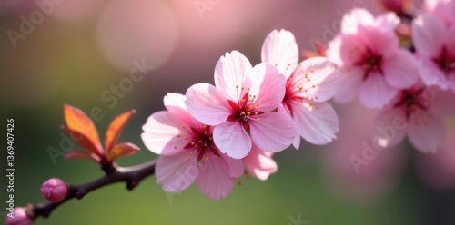 Delicate cherry blossom branch with pink petals, garden, floral, nature
