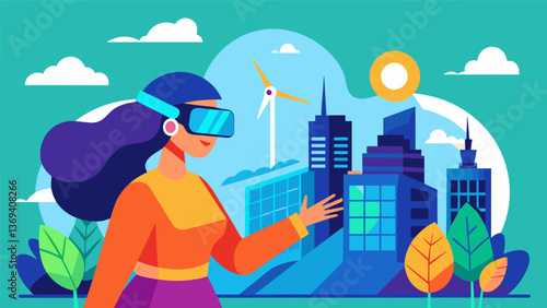 A woman trying out a virtual reality experience that takes her on a journey through a renewable energypowered city of the future.. Vector illustration