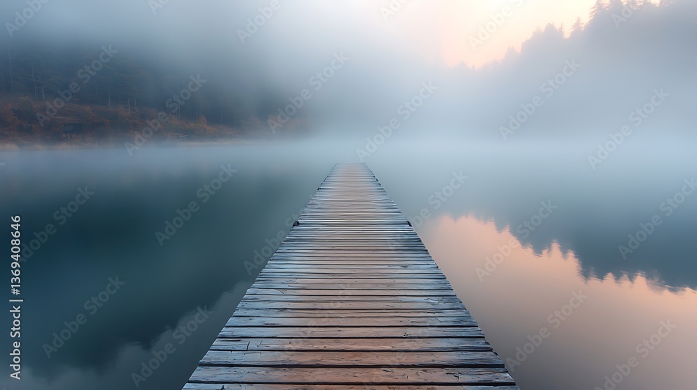 Fototapeta premium A misty wooden pier stretching into a foggy lake at sunrise, creating a peaceful mood.