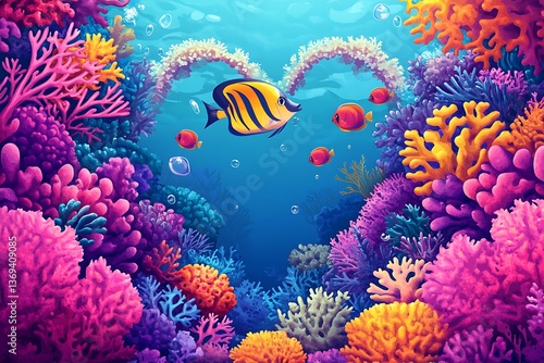 Colorful coral reef with fish and heart shaped coral in underwater scene illustration photo