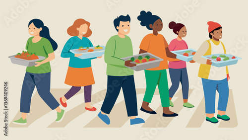A group of volunteers from a church congregation bringing trays of homemade lasagna and salad to a nearby homeless shelter.. Vector illustration