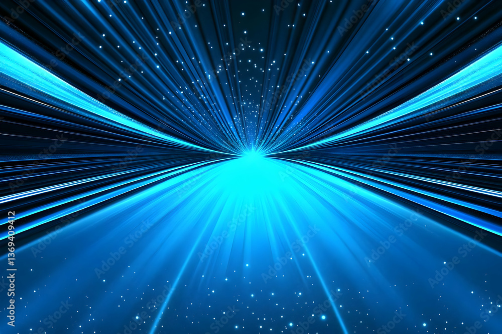 Fototapeta premium Abstract 3D Background: Blue Rays Converge in Bright, Dynamic Burst, Featuring Glowing Particles and a Futuristic Tunnel Design.