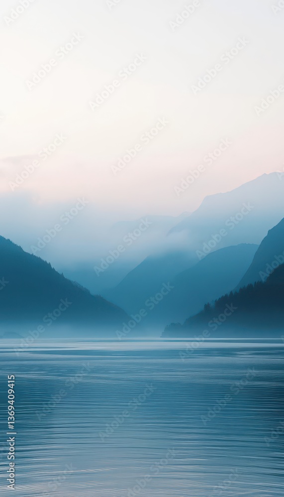 Subtle, misty mountains & pale water; gradient sky, ethereal, sky Subtle, misty mountains & pale water; gradient sky, ethereal, sky