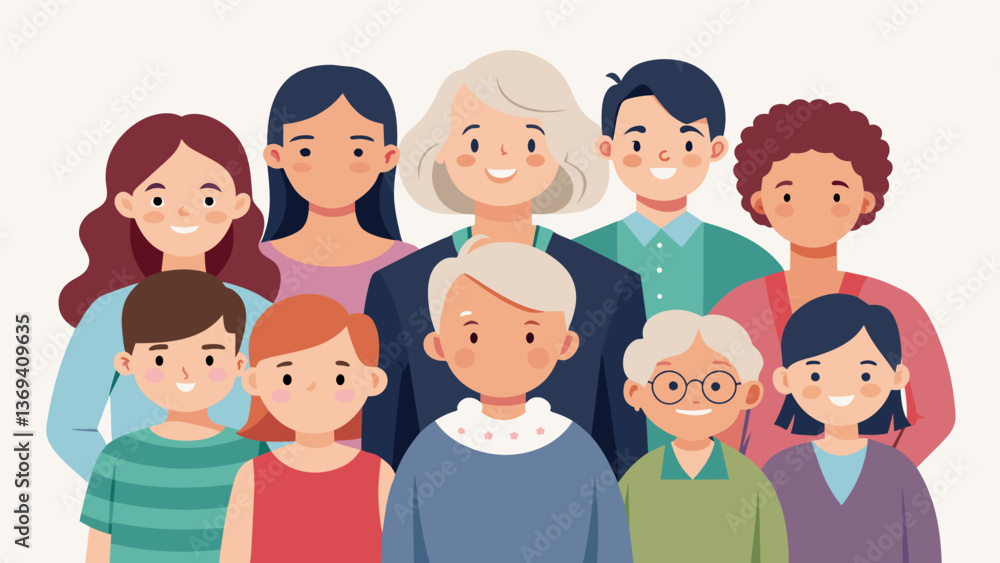 A proud matriarch stands surrounded by her children grandchildren and greatgrandchildren in this multigenerational family portrait.. Vector illustration A proud matriarch stands surrounded by her children grandchildren and greatgrandchildren in this multigenerational family portrait.. Vector illustration
