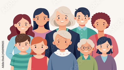A proud matriarch stands surrounded by her children grandchildren and greatgrandchildren in this multigenerational family portrait.. Vector illustration