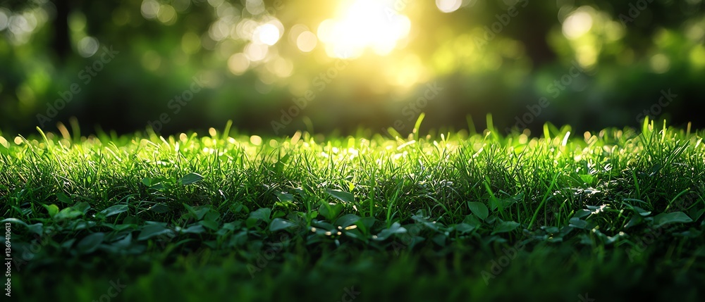 Summer meadow with vibrant green grass and a blurred wild field in the background, providing an open canvas with copy space for creative use Summer meadow with vibrant green grass and a blurred wild field in the background, providing an open canvas with copy space for creative use