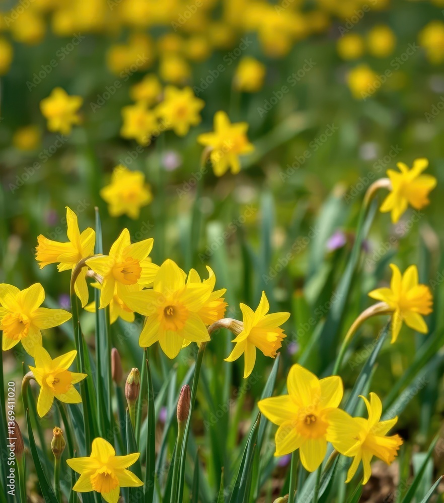 Fototapeta premium Vibrant yellow daffodils blooming in spring meadow, photography, sunshine