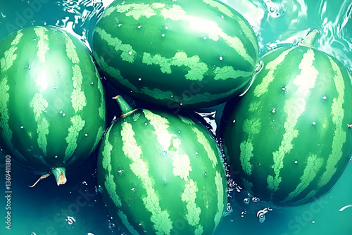 Vibrant Green Watermelons Submerged in Aqua Water, a Refreshing Summer Still Life Image
