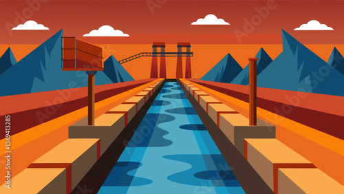 A series of deep canals filled with chemicallytreated water as part of the bauxite refining process.. Vector illustration