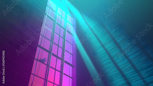 Abstract Neon Window: Digital Art of a Large Window with a Pink and Teal Gradient, Illuminated by Bright Light Beams, Featuring a Person Cleaning.