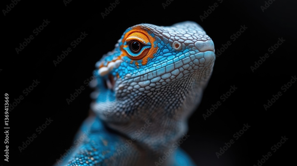 Obraz premium Close-up of a vibrant blue lizard with orange accents, set against a dark background. The lizard's scales are detailed, and its eye is prominent