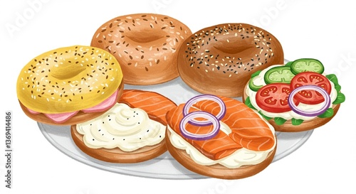 Delicious Bagel Assortment Cream Cheese Smoked Salmon Tomato Cucumber Everything Bagel