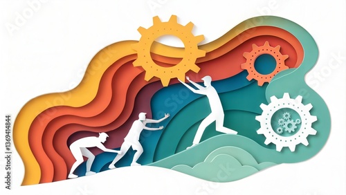 Abstract illustration cut paper isolated white background expression business office team work cooperation