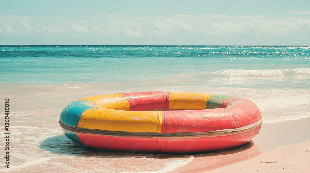 Inflatable raft at the beach in summer, Landscape view of beach with summer and relaxing vibe, Vacation and holiday trip at the beach concept. Inflatable raft at the beach in summer, Landscape view of beach with summer and relaxing vibe, Vacation and holiday trip at the beach concept.