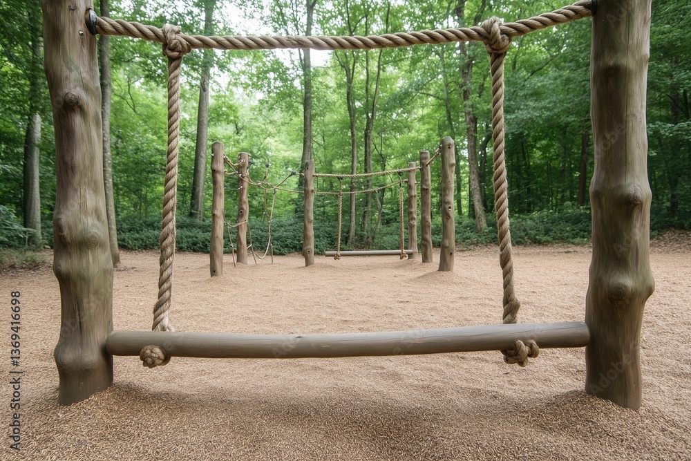 Fototapeta premium A rope swing is suspended between two trees. The rope is tied to the tree and the other end is hanging down
