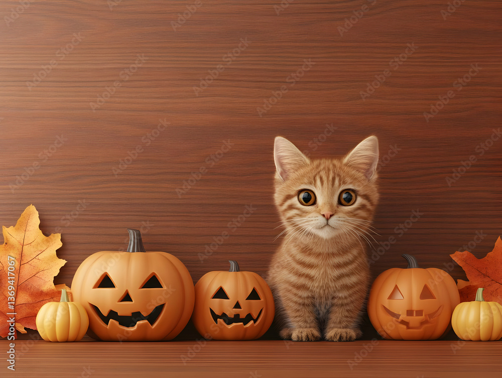 Adorable Ginger Kitten Poses with Jack-o'-lanterns and Autumn Leaves on Wooden Background: A 3D Halloween Illustration Adorable Ginger Kitten Poses with Jack-o'-lanterns and Autumn Leaves on Wooden Background: A 3D Halloween Illustration