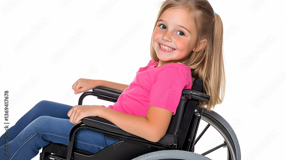 Smiling Girl Sitting in Wheelchair, Happy Child in Medical Chair, Positive Disability Image, Illustration on White Background Smiling Girl Sitting in Wheelchair, Happy Child in Medical Chair, Positive Disability Image, Illustration on White Background
