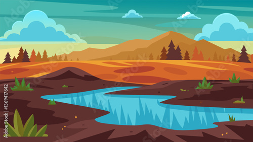 A wide expanse of peat bog a valuable natural resource for the production of briquettes that requires responsible management and conservation efforts.. Vector illustration