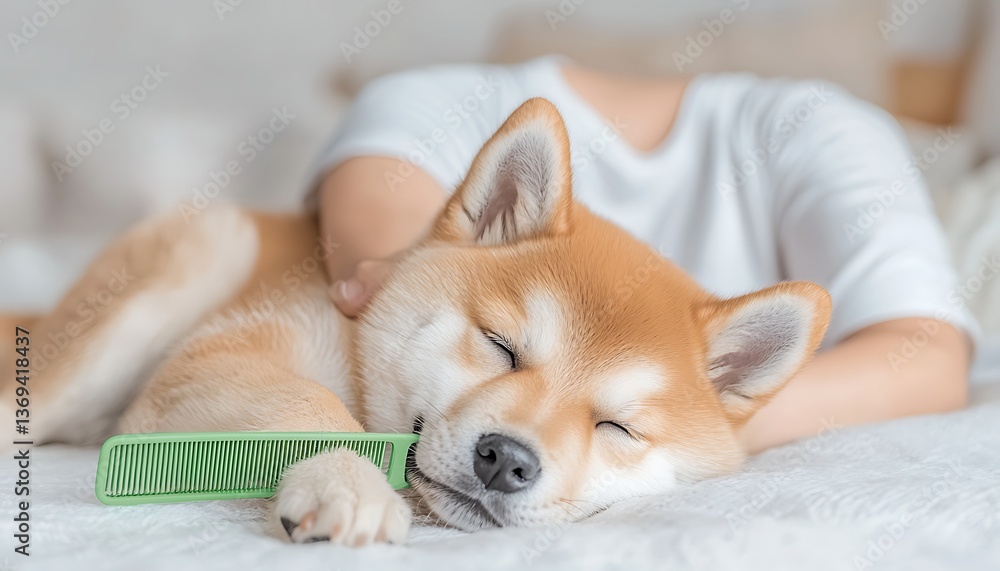 Shiba Inu Puppy Naps for Bed, Gentle Brushing. Shiba Inu Puppy Naps for Bed, Gentle Brushing.