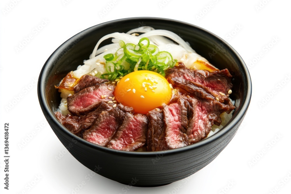 A photorealistic gyudon (Japanese beef rice bowl) featuring thin-sliced wagyu beef, onions, and a perfectly cooked egg, isolated on white. A photorealistic gyudon (Japanese beef rice bowl) featuring thin-sliced wagyu beef, onions, and a perfectly cooked egg, isolated on white.