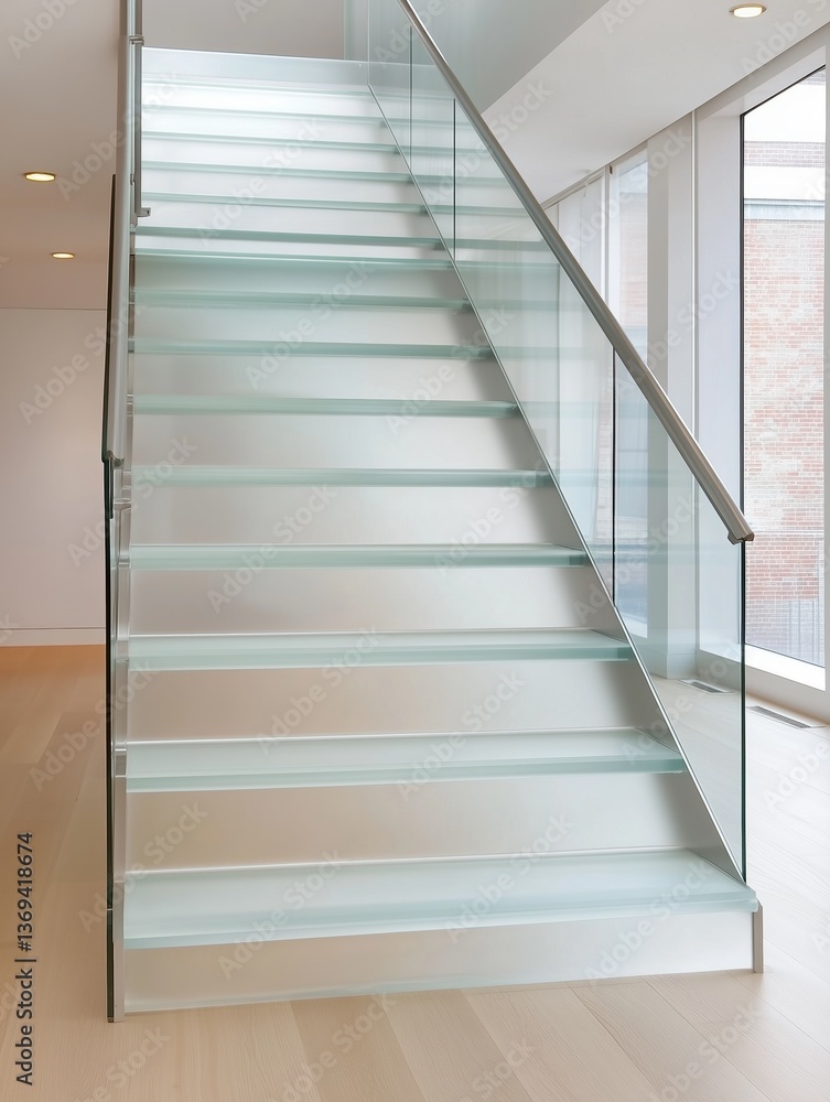 A staircase with a glass railing and a glass step. The staircase is made of glass and is very shiny A staircase with a glass railing and a glass step. The staircase is made of glass and is very shiny
