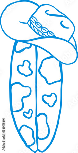 Coastal Cowgirl Sufboard and Cowboy Hat Outline Playful Hand Draw