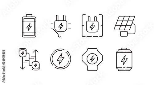 Line icons about battery charging. Contains such icons as charger, ev charger station, power bank and more. Editable vector stroke