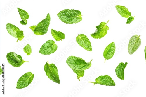 white background flying mint leaves isolated