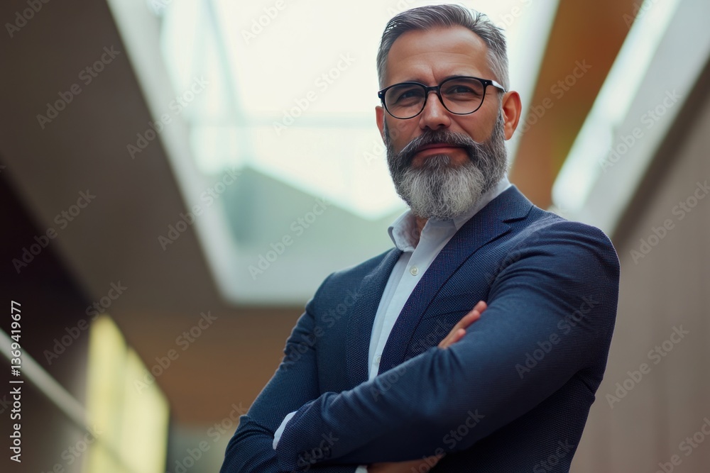 Obraz premium A charismatic and friendly senior business leader, standing with confidence, well-groomed beard, wearing a stylish suit, bright and modern setting.