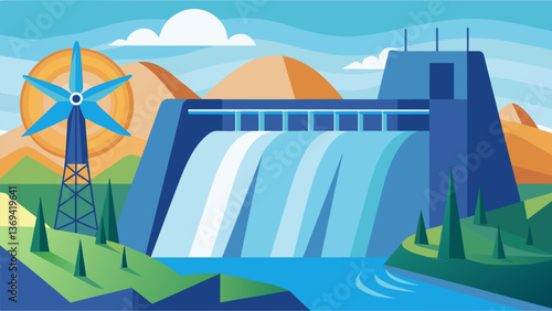 A turbine nestled at the base of a dam harnesses the immense power of a rushing river converting it into electricity for homes businesses and. Vector illustration