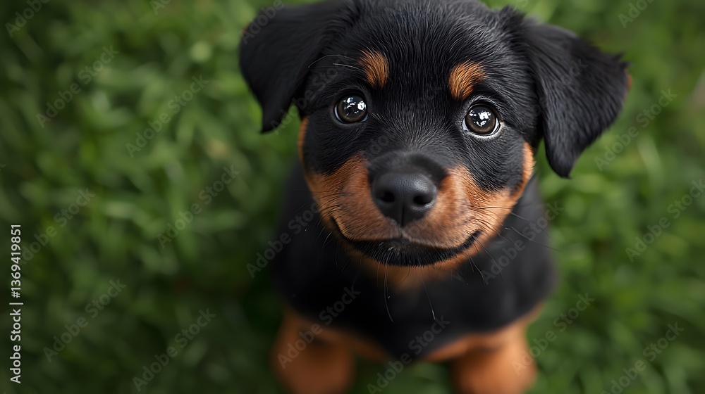 Fototapeta premium Adorable Rottweiler puppy in lush green grass