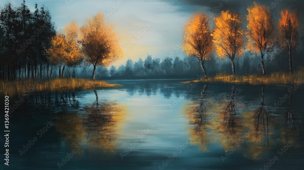 Autumn trees reflected in still water.