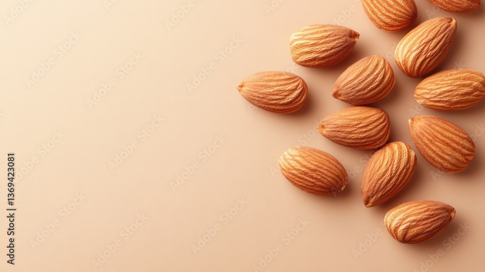 Several almonds are scattered on a light brown surface Several almonds are scattered on a light brown surface