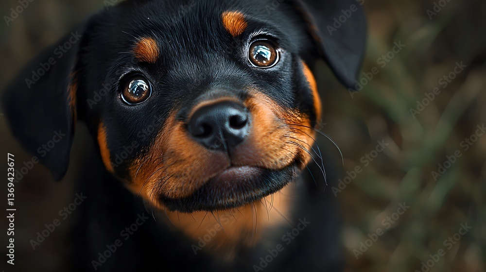 Fototapeta premium Adorable Rottweiler puppy looking up, outdoors