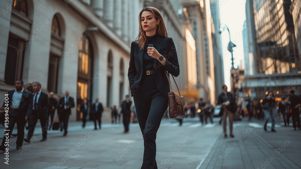 Fototapeta premium A woman in a business suit walks down a city street with a briefcase in hand