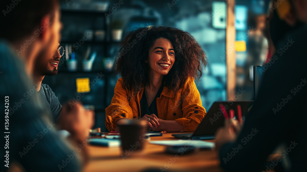 Fototapeta premium A group of people are sitting around a table, smiling and laughing