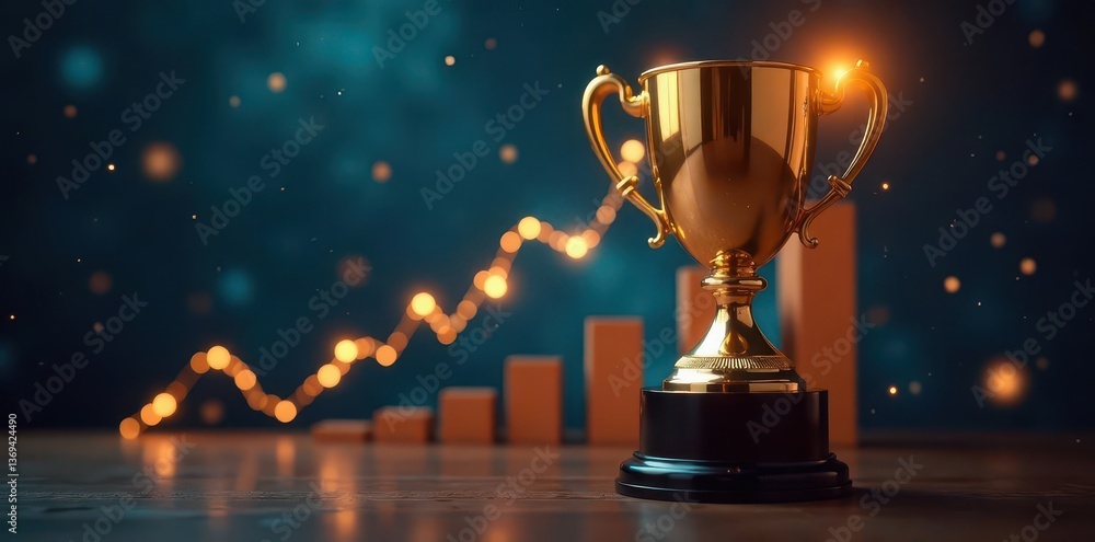 Shining trophy, soaring sales chart, symbolic of success , accomplishment, winning, gain Shining trophy, soaring sales chart, symbolic of success , accomplishment, winning, gain