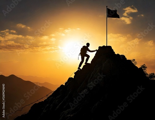 山頂を目指して登る人、目標達成