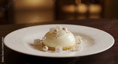 Elegant white dessert gleams subtly under warm light artful arrangement on pristine plate. AI Generated